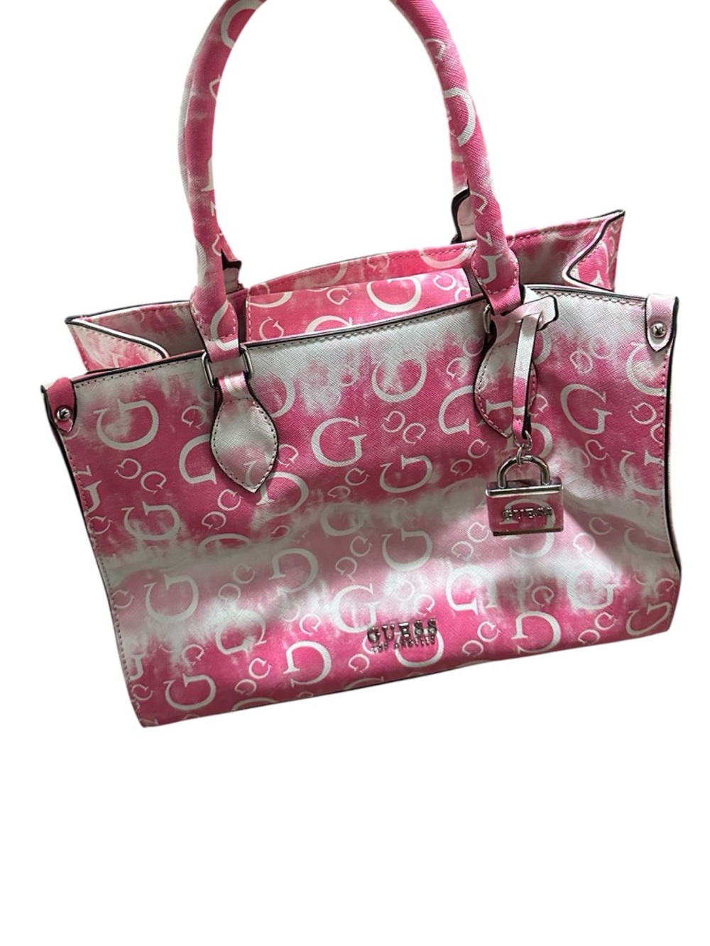 GUESS Pink and White Allover Logo Tote